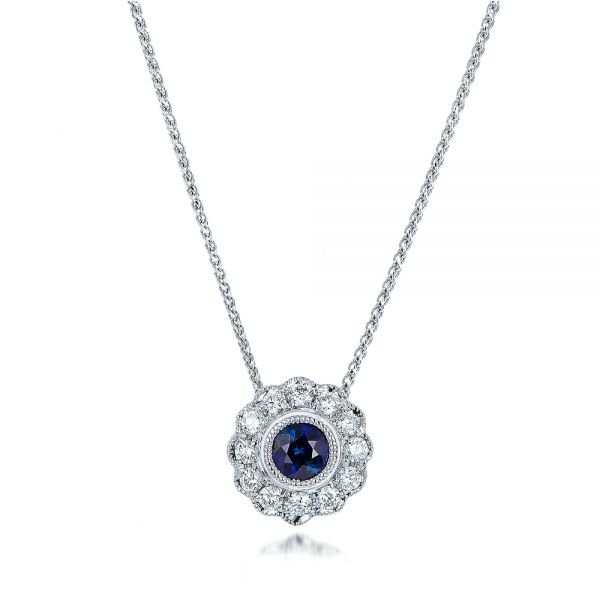  Platinum Platinum Blue Sapphire And Diamond Halo Pendant - Three-Quarter View -  100979