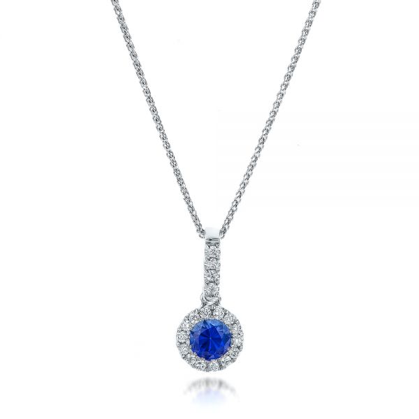 14k White Gold Blue Sapphire And Diamond Halo Pendant - Three-Quarter View -  100980