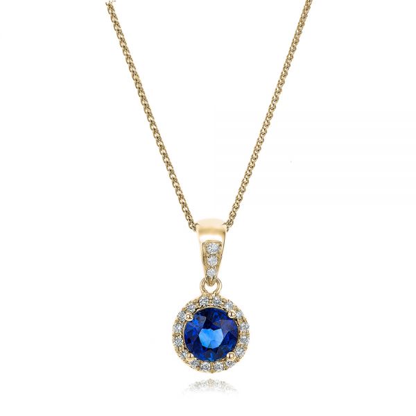 14k Yellow Gold 14k Yellow Gold Blue Sapphire And Diamond Halo Pendant - Three-Quarter View -  100977