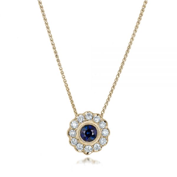 14k Yellow Gold 14k Yellow Gold Blue Sapphire And Diamond Halo Pendant - Three-Quarter View - 100979