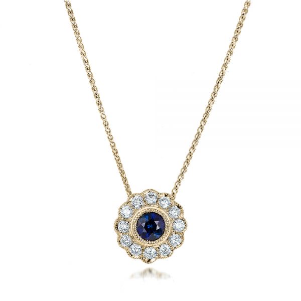 14k Yellow Gold 14k Yellow Gold Blue Sapphire And Diamond Halo Pendant - Three-Quarter View -  100979