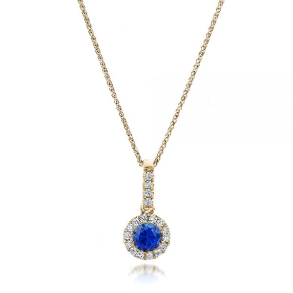 14k Yellow Gold 14k Yellow Gold Blue Sapphire And Diamond Halo Pendant - Three-Quarter View -  100980