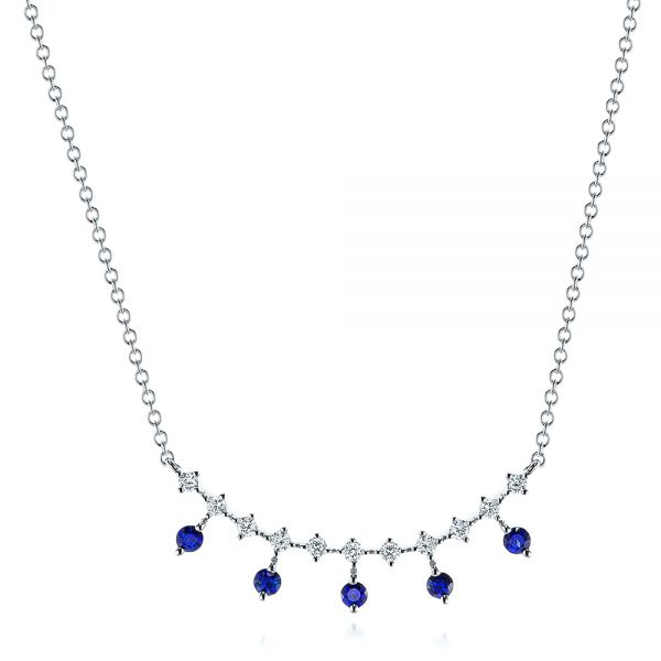 14k White Gold 14k White Gold Blue Sapphire And Diamond Necklace - Three-Quarter View -  106202