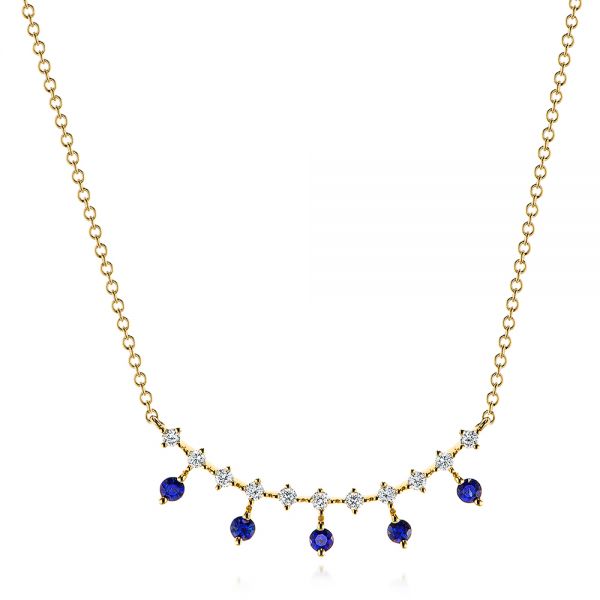 14k Yellow Gold Blue Sapphire And Diamond Necklace - Three-Quarter View -  106202