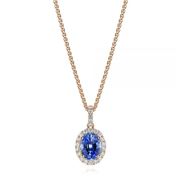 18k Rose Gold 18k Rose Gold Blue Sapphire And Diamond Oval Pendant - Three-Quarter View -  106535
