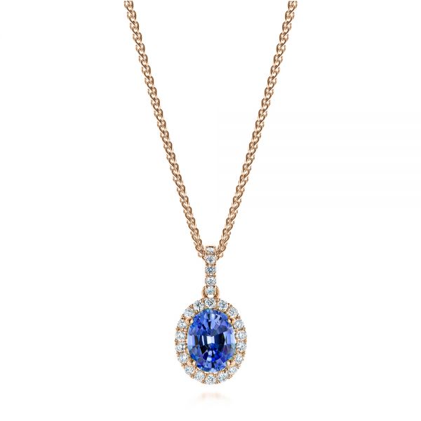 14k Rose Gold 14k Rose Gold Blue Sapphire And Diamond Oval Pendant - Three-Quarter View -  106535