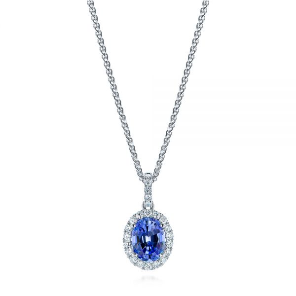 Blue Sapphire And Diamond Oval Pendant - Three-Quarter View -  106535