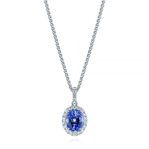 14k White Gold 14k White Gold Blue Sapphire And Diamond Oval Pendant - Three-Quarter View -  106535