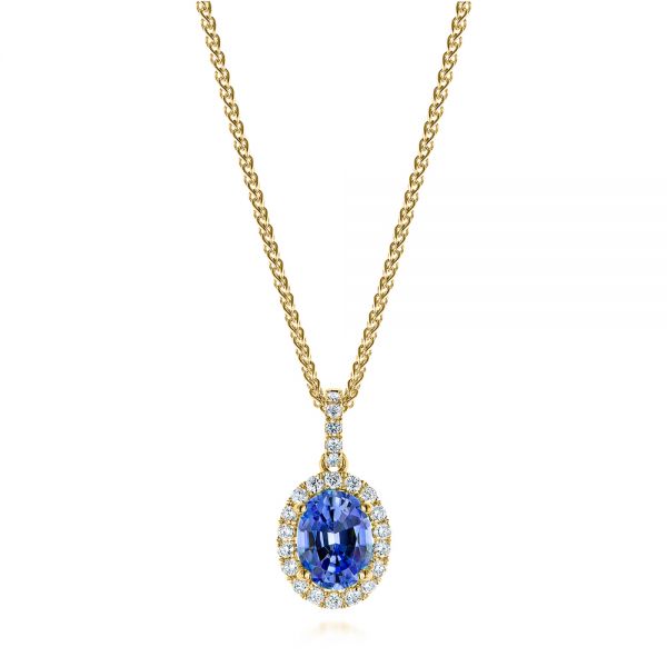 18k Yellow Gold 18k Yellow Gold Blue Sapphire And Diamond Oval Pendant - Three-Quarter View -  106535