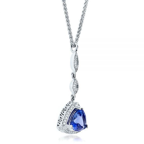 18k White Gold 18k White Gold Blue Sapphire And Diamond Pendant - Flat View -  100079