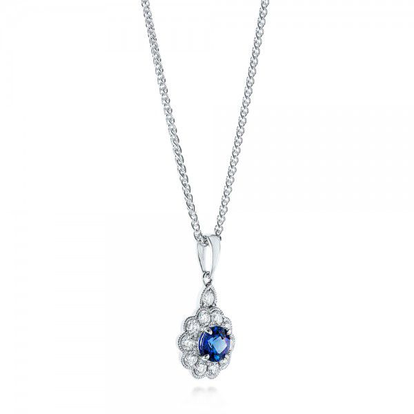 14k White Gold 14k White Gold Blue Sapphire And Diamond Pendant - Flat View - 103277