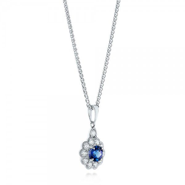 14k White Gold 14k White Gold Blue Sapphire And Diamond Pendant - Flat View -  103277