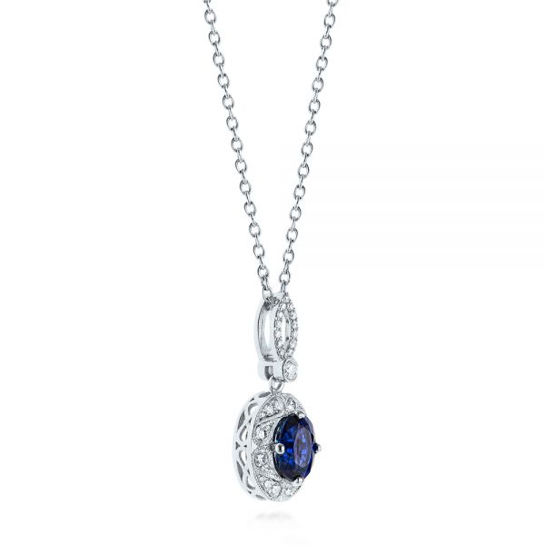 14k White Gold Blue Sapphire And Diamond Pendant - Flat View -  103660