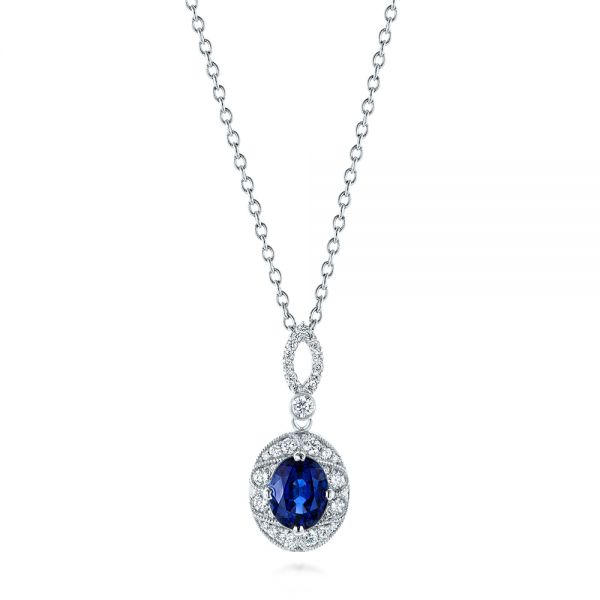 18k White Gold 18k White Gold Blue Sapphire And Diamond Pendant - Three-Quarter View -  103660