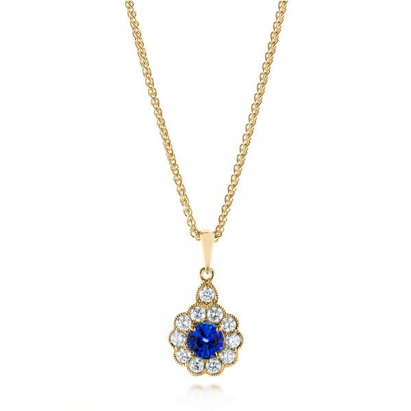 18k Yellow Gold 18k Yellow Gold Blue Sapphire And Diamond Pendant - Three-Quarter View -  103277