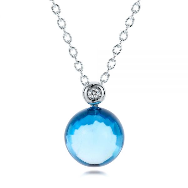 18k White Gold 18k White Gold Blue Topaz Cabochon And Diamond Pendant - Three-Quarter View -  100446