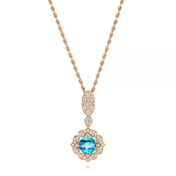 18k Rose Gold 18k Rose Gold Blue Topaz And Diamond Pendant - Three-Quarter View -  103770