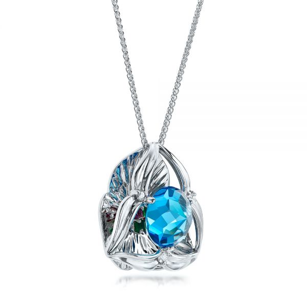 14k White Gold Blue Topaz And Diamond Pendant - Flat View -  101122 - Thumbnail