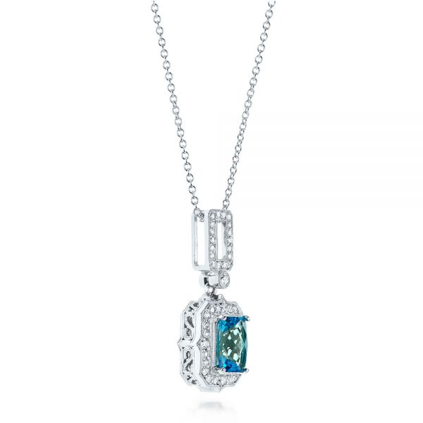 14k White Gold Blue Topaz And Diamond Pendant - Flat View - 103615
