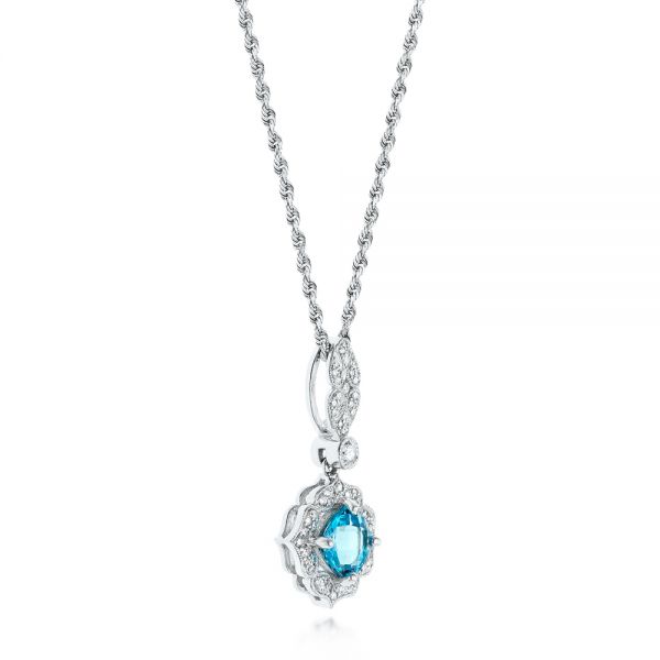 14k White Gold Blue Topaz And Diamond Pendant - Front View - 103770