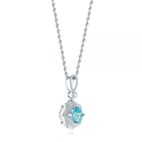 14k White Gold Blue Topaz And Diamond Pendant - Front View -  103771