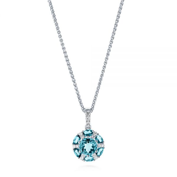 14k White Gold Blue Topaz And Diamond Pendant - Three-Quarter View -  103623