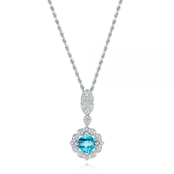  Platinum Platinum Blue Topaz And Diamond Pendant - Three-Quarter View -  103770