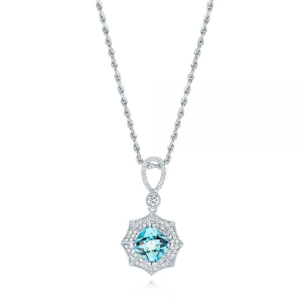  Platinum Platinum Blue Topaz And Diamond Pendant - Three-Quarter View -  103771