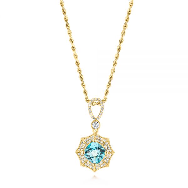 18k Yellow Gold 18k Yellow Gold Blue Topaz And Diamond Pendant - Three-Quarter View -  103771