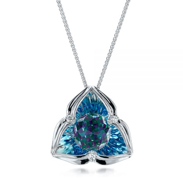 14k White Gold Blue Topaz Pendant - Three-Quarter View -  101122