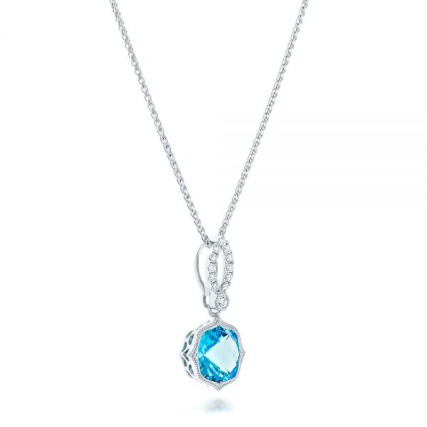 14k White Gold Blue Topaz And And Diamond Pendant - Flat View -  102579