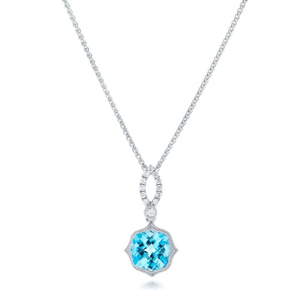 14k White Gold Blue Topaz And And Diamond Pendant - Three-Quarter View -  102579