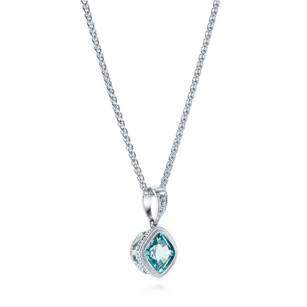 14k White Gold Blue Zircon Solitaire Pendant - Flat View -  105337