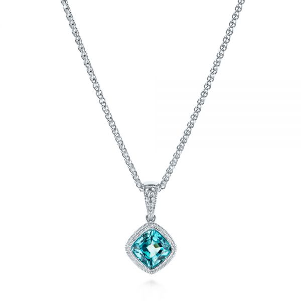 14k White Gold Blue Zircon Solitaire Pendant - Three-Quarter View -  105337