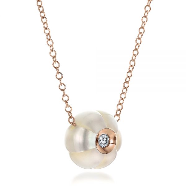 18k Rose Gold 18k Rose Gold Carved Fresh White Pearl And Diamond Pendant - Flat View -  100330