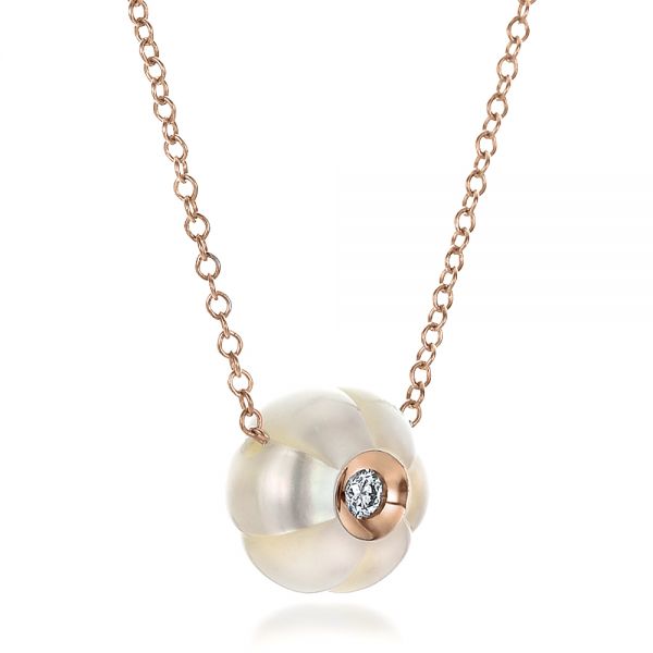 14k Rose Gold 14k Rose Gold Carved Fresh White Pearl And Diamond Pendant - Flat View -  100330