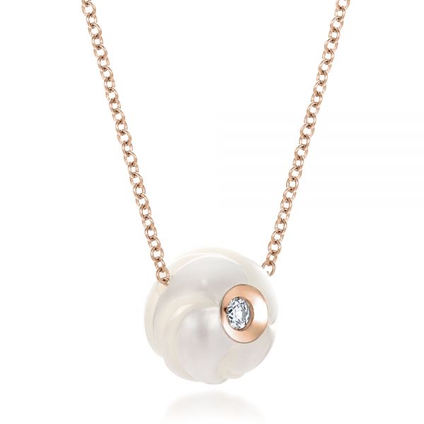 18k Rose Gold 18k Rose Gold Carved Fresh White Pearl And Diamond Pendant - Flat View -  100345