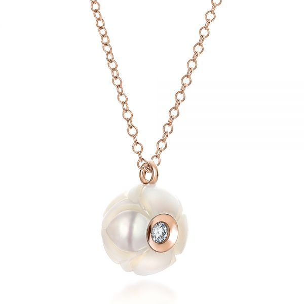 14k Rose Gold 14k Rose Gold Carved Fresh White Pearl And Diamond Pendant - Flat View -  100347