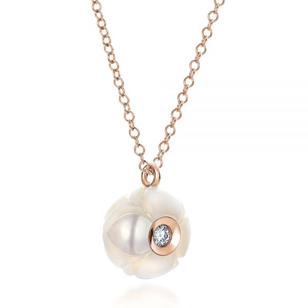 14k Rose Gold 14k Rose Gold Carved Fresh White Pearl And Diamond Pendant - Flat View - 100347