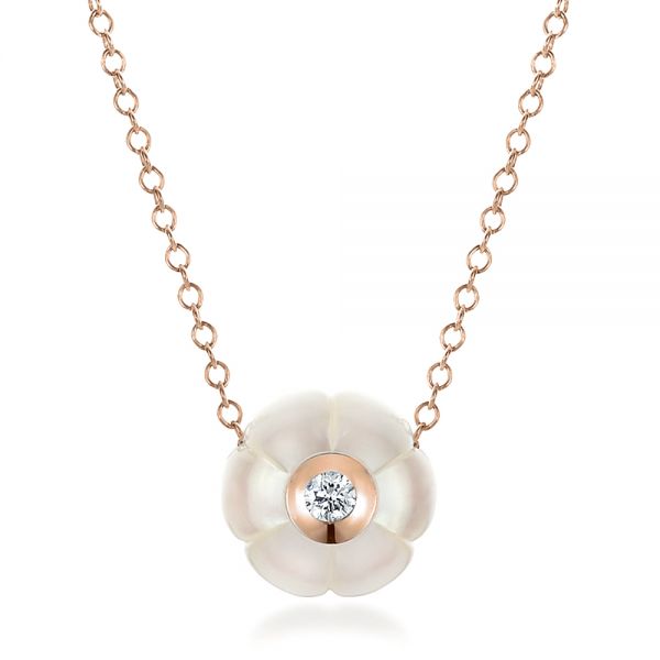 18k Rose Gold 18k Rose Gold Carved Fresh White Pearl And Diamond Pendant - Three-Quarter View -  100330