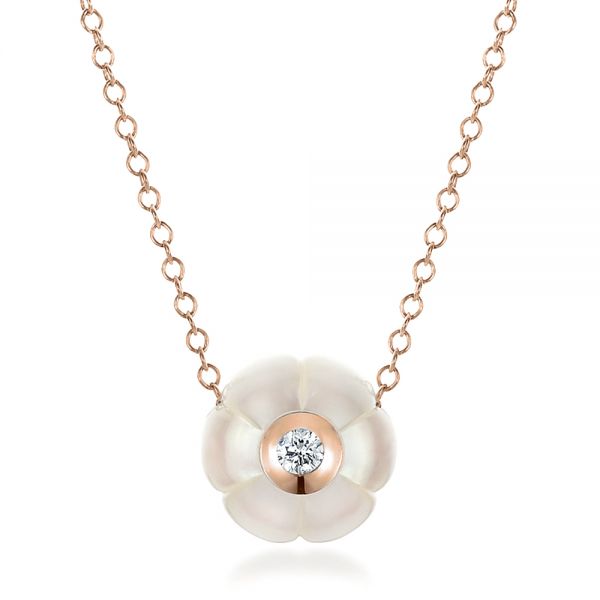 14k Rose Gold 14k Rose Gold Carved Fresh White Pearl And Diamond Pendant - Three-Quarter View - 100330