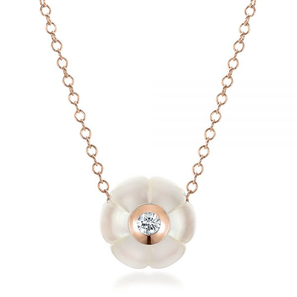 14k Rose Gold 14k Rose Gold Carved Fresh White Pearl And Diamond Pendant - Three-Quarter View -  100330