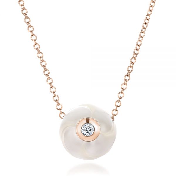 18k Rose Gold 18k Rose Gold Carved Fresh White Pearl And Diamond Pendant - Three-Quarter View -  100345