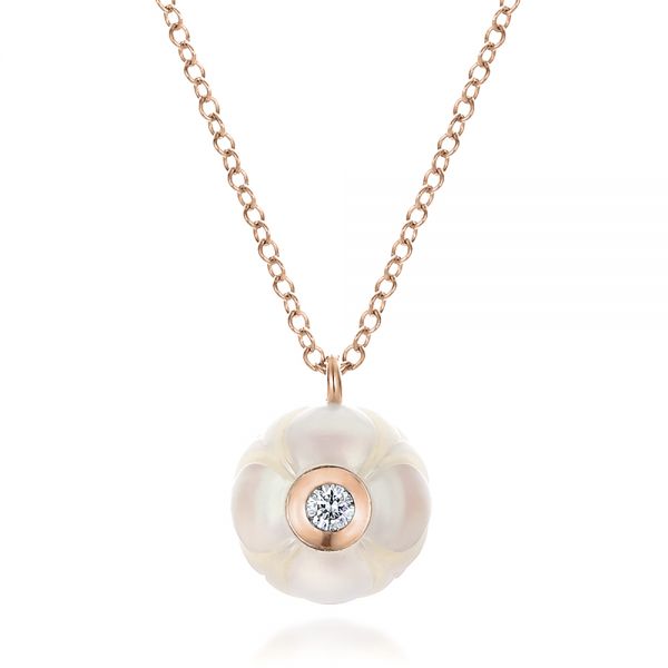18k Rose Gold 18k Rose Gold Carved Fresh White Pearl And Diamond Pendant - Three-Quarter View -  100347