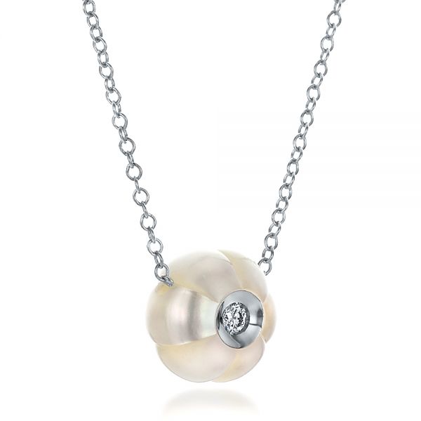 14k White Gold Carved Fresh White Pearl And Diamond Pendant - Flat View - 100330