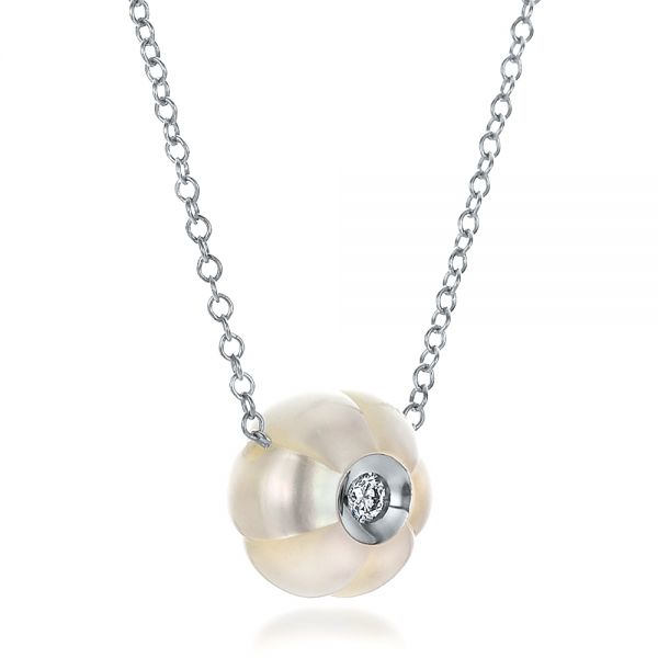 14k White Gold Carved Fresh White Pearl And Diamond Pendant - Flat View -  100330