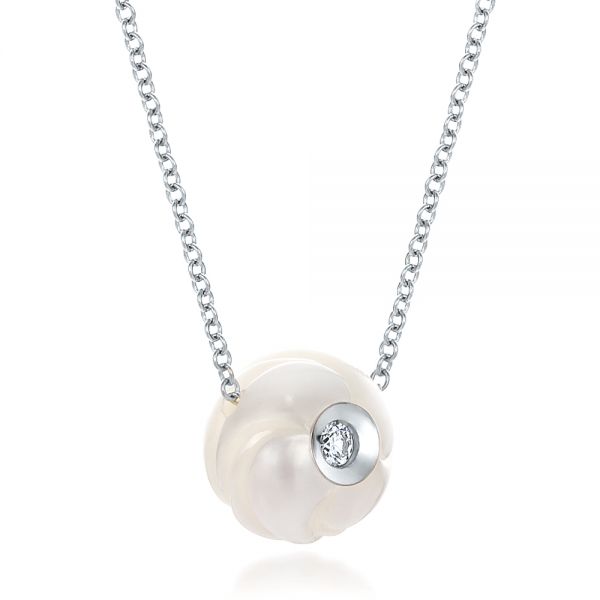 14k White Gold Carved Fresh White Pearl And Diamond Pendant - Flat View -  100345