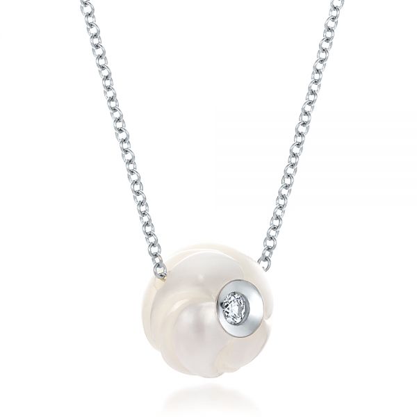  Platinum Platinum Carved Fresh White Pearl And Diamond Pendant - Flat View -  100345