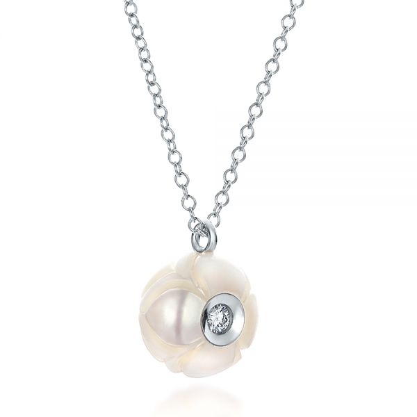 14k White Gold Carved Fresh White Pearl And Diamond Pendant - Flat View -  100347