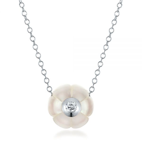 14k White Gold Carved Fresh White Pearl And Diamond Pendant - Three-Quarter View -  100330